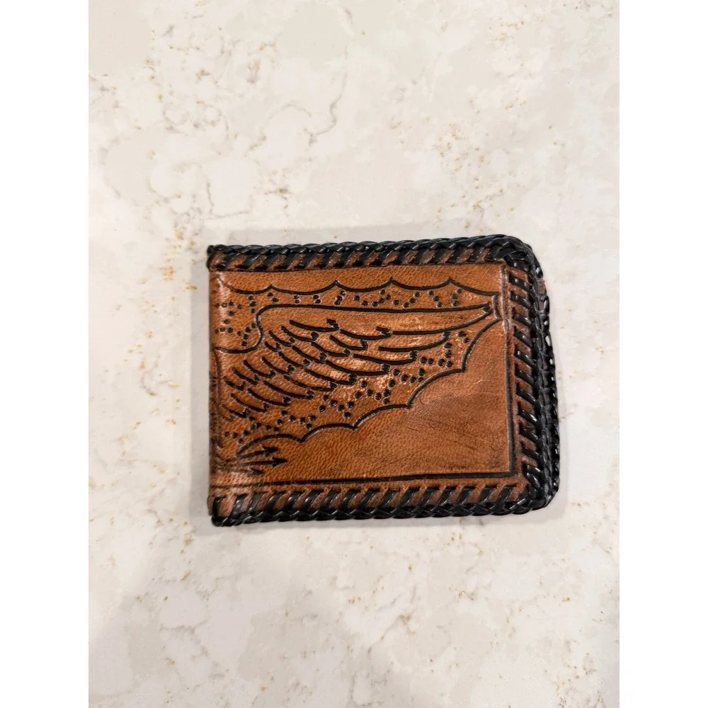 Vintage Hand Tooled Leather Bifold Wallet Eagle Wing Whipstitch Brown Black